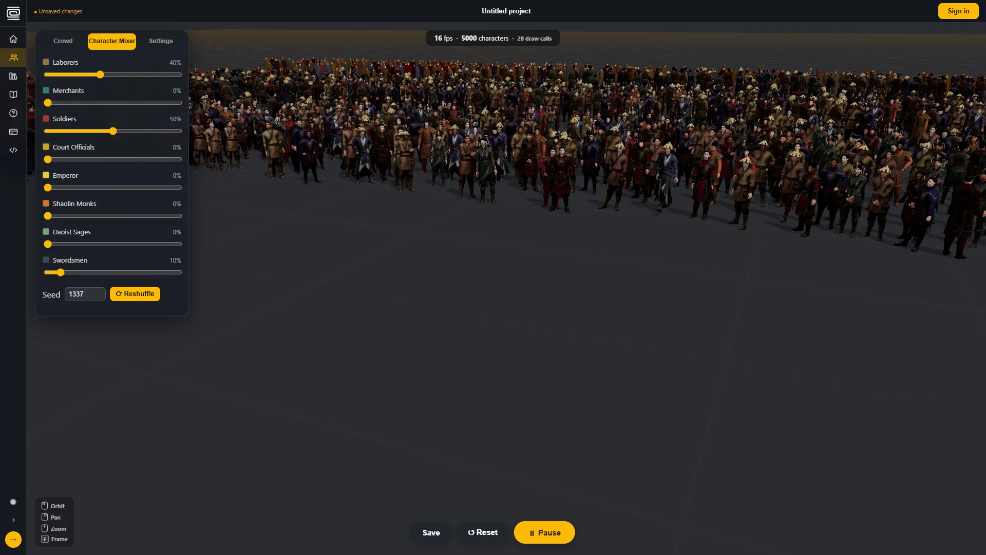 The Packs tab with per-character mix sliders