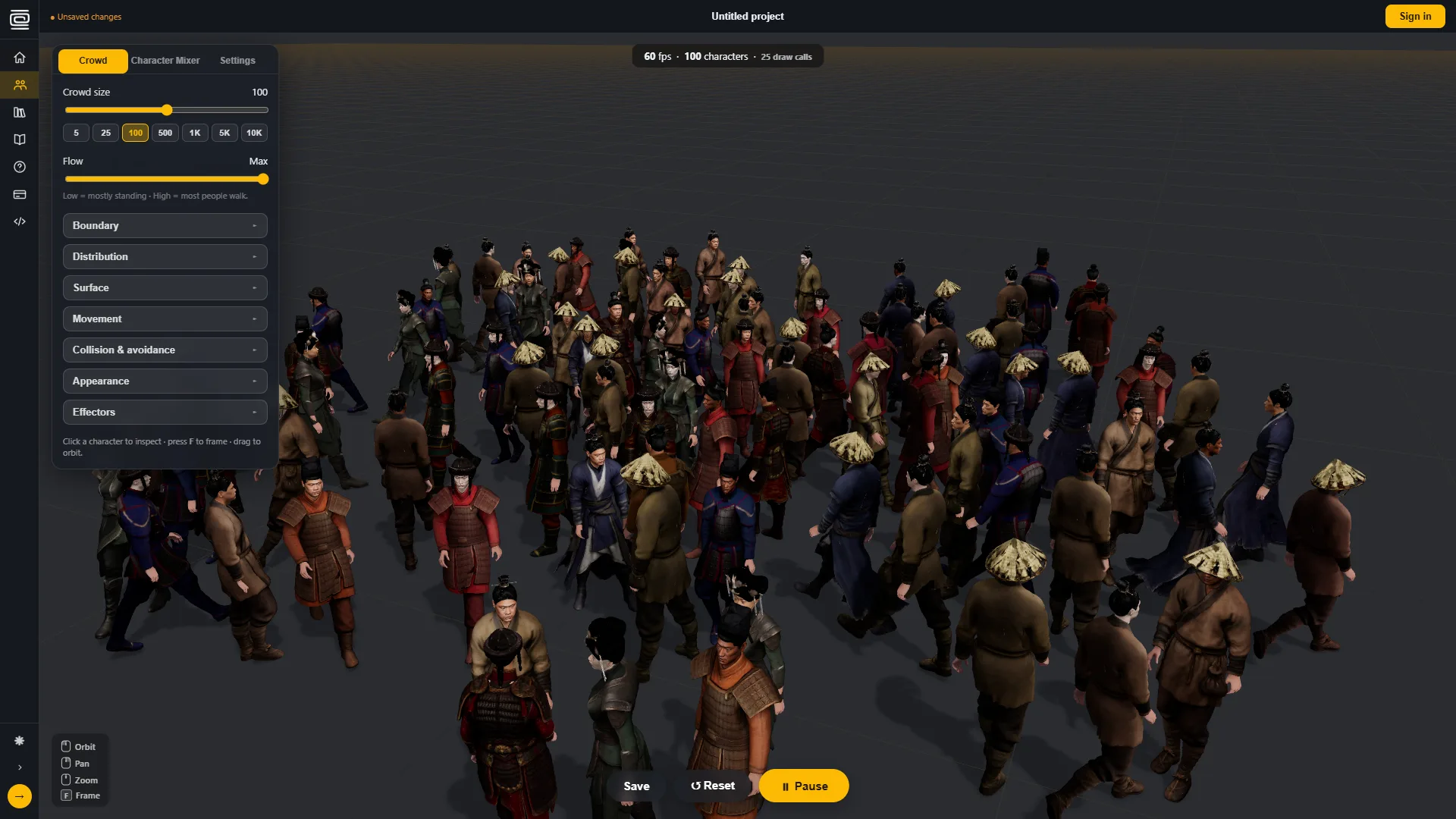 The editor with a 100-character crowd mid-simulation