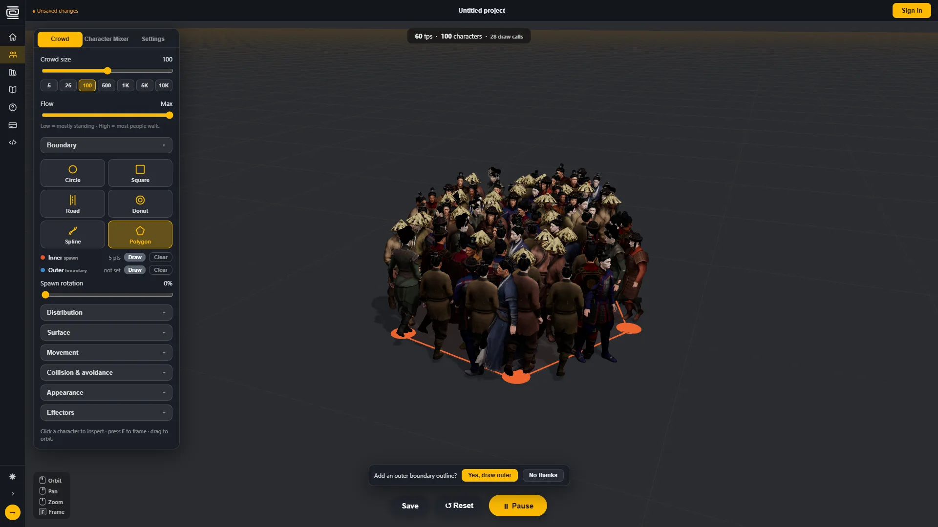 A finished five-point polygon outline holding the crowd